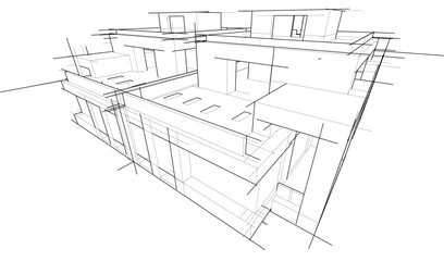 Futuristic Architectural Wireframe. Abstract Modern Building 3d Design 