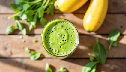 Green smoothie with fresh ingredients on wooden table