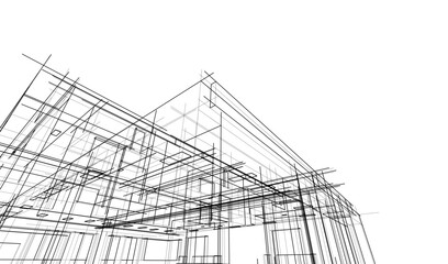 Futuristic Architectural Wireframe. Abstract Modern Building 3d Design 