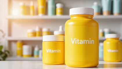 Vitamin bottles on a bright shelf background