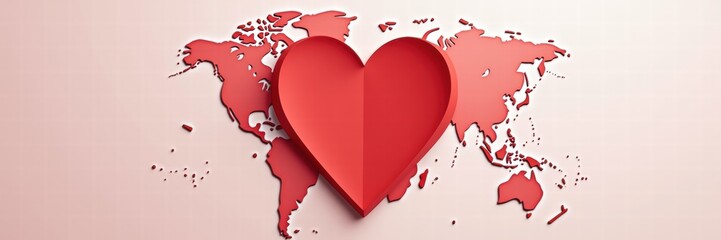 A vibrant heart shape overlays a world map, symbolizing global health awareness and unity for world health day. perfect for campaigns focused on health and well-being.