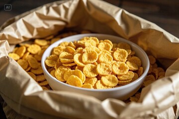 Image of a clear plastic bag containing corn flakes with a golden brown color and a slightly curled