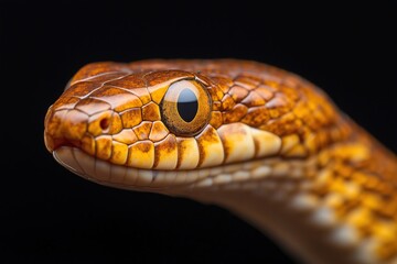 Fototapeta premium Beautiful yellow snake with big eyes on black background. Studio shot.
