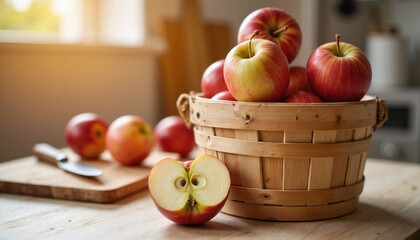 Basket of apples with one cut in half on wooden table