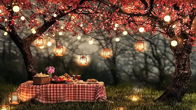 A romantic outdoor picnic setting beneath a tree with red leaves, string lights, and lanterns.