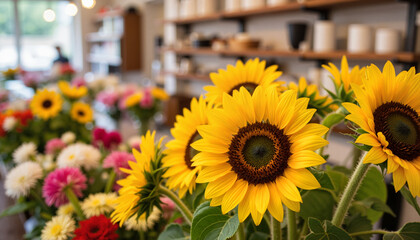 Sunflowers in a bright flower shop