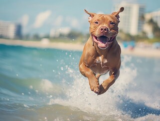 beautiful happy dog running along ocean line background and splashing water very beautiful ocean