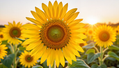 Sunflower blooming in a field at sunset