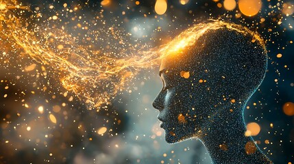 Abstract digital portrait of a serene, thoughtful person with golden energy flowing from their head