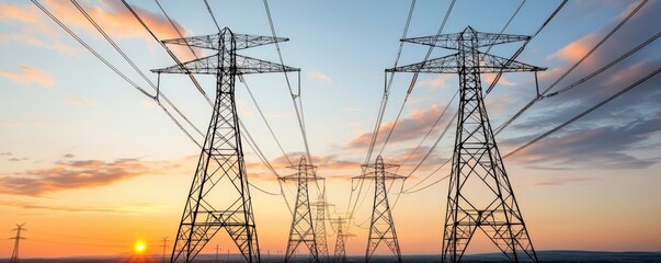 A serene sunset scene featuring tall power lines and electrical towers silhouetted against the colorful sky.