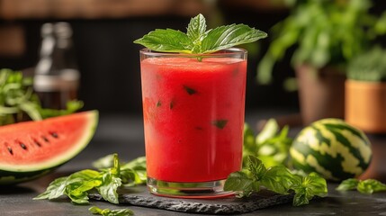 Refreshing watermelon cocktail garnished with mint leaves on a textured surface surrounded by fresh ingredients