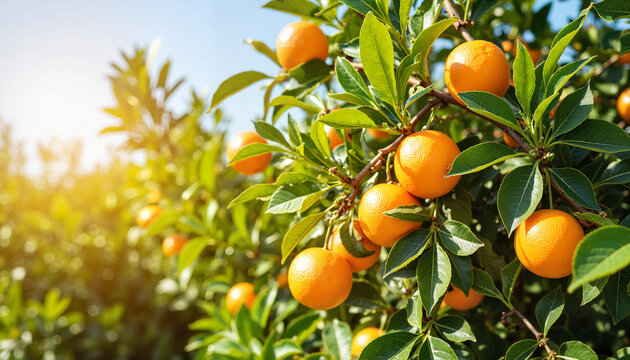 Oranges on tree branch in sunny orchard