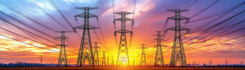 A striking sunset backdrop showcases towering power lines, highlighting the intersection of nature and energy infrastructure.