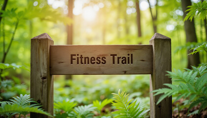 Fitness trail sign in a lush green forest