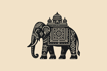 Vintage engraving of an Indian elephant with a temple on its back
