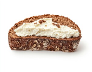 Rye Bread Slice with Cream Cheese Topping on White Background