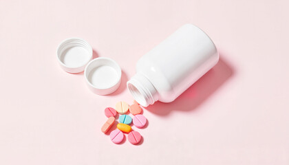 Pill bottle spilled on pink background