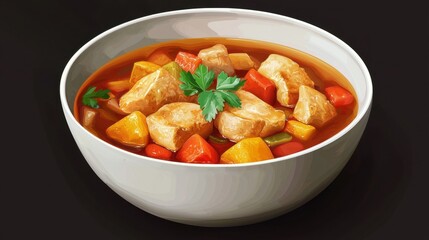 A hearty chicken stew filled with chunks of tender chicken, colorful vegetables, and aromatic herbs sits in a white bowl. This dish promises comfort and flavor during a chilly evening meal