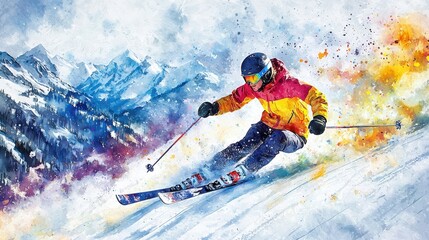 A skier in a bright jacket glides gracefully down a snowy slope amidst breathtaking mountain peaks. Colorful powder bursts around, showcasing the thrill of winter sports