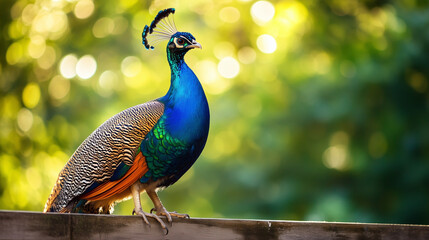 Obraz premium A moment of tranquil beauty was frozen in time, revealing the elegant profile of the female peafowl, perched peacefully on the wooden fence, surrounded by the emerald hues and shimmering light of the 