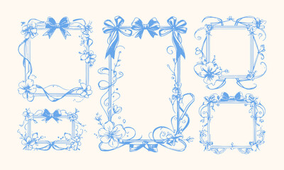A modern vector-style illustration of decorative hand-drawn frames with ribbons and floral elements, easily editable.