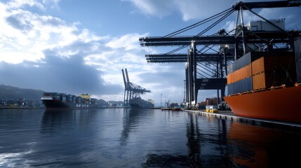 Obraz premium A bustling harbor features large cargo ships docked alongside towering cranes. The water reflects the dramatic skies, creating a vivid backdrop for this industrious scene