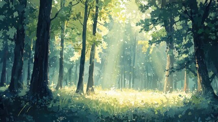 Fototapeta premium Sunlight streams through tall trees, illuminating a serene forest clearing filled with vibrant greenery and soft grass. Rays of light create a peaceful atmosphere