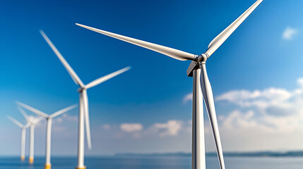 Fototapeta premium Clean Energy Wind Turbines Generating Electricity Across a Blue Ocean and Sky Power Source