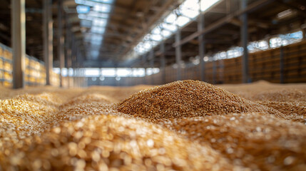 Large piles of golden wheat grain stored in a warehouse with sunlight. Agricultural production, food supply, and storage concept.