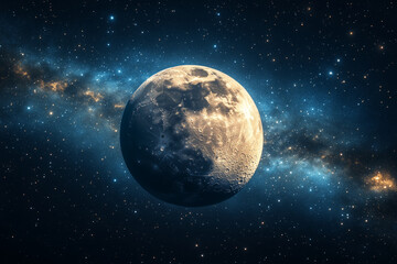 Obraz premium A majestic moon bathed in starlight, traversing a cosmic river of glittering dust and nebulae, a breathtaking celestial journey across the night sky.