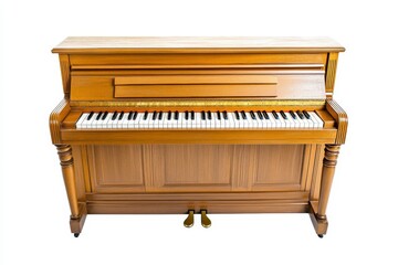 Fototapeta premium Antique Light Brown Upright Piano with Ornate Legs on White Background