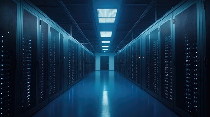 A secure data center with illuminated server racks in a sleek corridor. Ideal for cloud computing, cybersecurity, IT infrastructure, and digital technology concepts