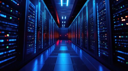 Fototapeta premium A futuristic data center with glowing blue and red server racks in a high-security facility. Ideal for cloud computing, cybersecurity, artificial intelligence, and networking