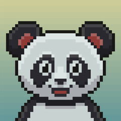 Adorable pixel art panda portrait features a charming smile with its iconic black and white markings and detailed 8-bit design offers a touch of retro appeal.