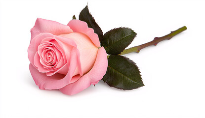 Elegant Pink Rose Bloom with Dark Green Leaves Laying Down Isolated on White Surface Still Life