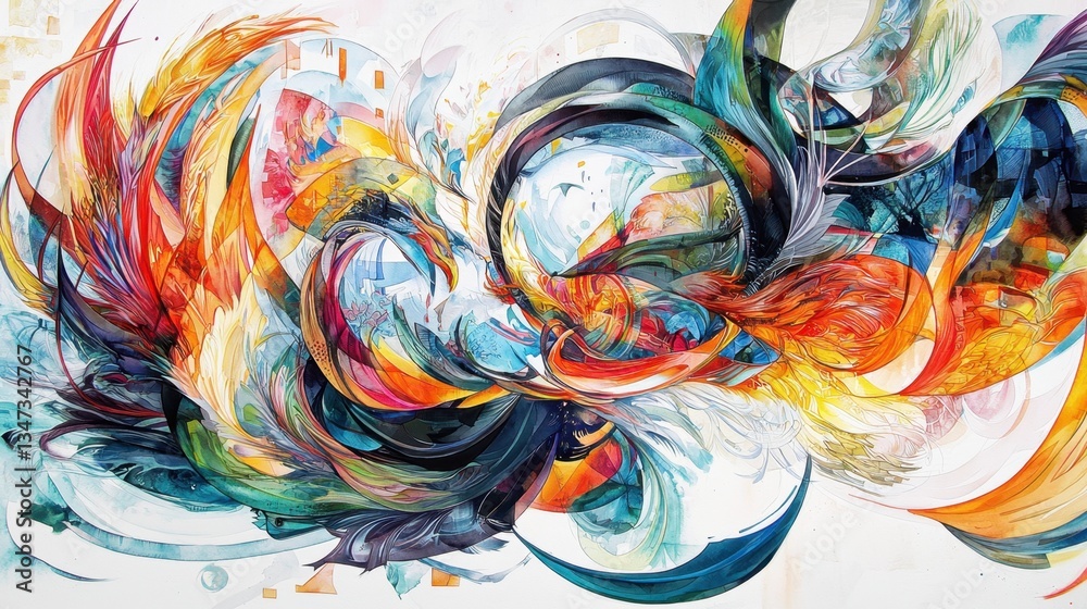 Poster Artists expression depicted through dynamic swirling patterns and an array of colors, creating an engaging display of movement and emotion in a contemporary setting