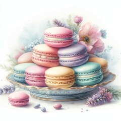 Obraz premium Delicate Pastel Macarons on Ornate Plate with Flowers Watercolor Style