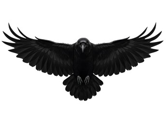 Fototapeta premium Majestic Black Raven in Flight: A Stunning Close-Up of a Raven with Wings Spread Wide Against a White Background