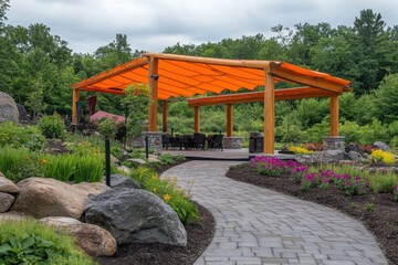 Outdoor pavilion with orange shade sail, nestled in a landscaped garden setting.