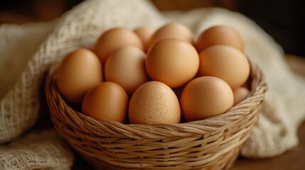 A Rustic Still Life: Brown Eggs in a Wicker Basket