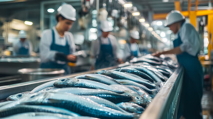 Seafood Processing Line: Workers diligently inspect and process a long line of fresh fish on an industrial conveyor belt, highlighting the efficiency and precision of modern seafood production.