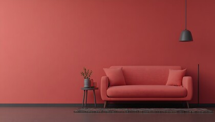 Living room interior with modern furniture and a coral wall