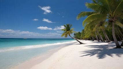 Obraz premium Tropical white sand beach with palm trees leaning over crystal clear turquoise water under blue sky