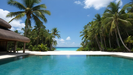 Fototapeta premium Infinity pool overlooking a pristine white sand beach and turquoise ocean in a tropical paradise