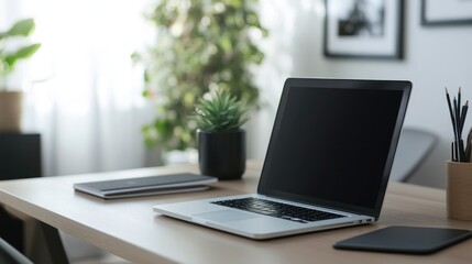 Modern Workspace, Laptop, Plants, and Minimalist Office