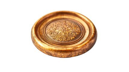 Golden wax seal with a flower pattern on a transparent background. Vintage letter, antique style stamp, formal letter aesthetic, elegant stationery concept.