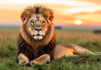 Obraz premium Lion Resting in Grassy Field during Golden Hour Sunset with Warm Lighting and Majestic Gaze