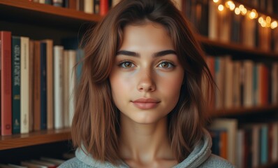 Thoughtful young woman in library