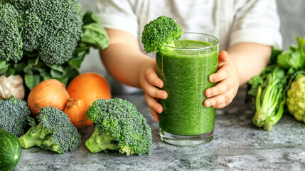 Adorable caucasian baby holding glass of green smoothie surrounded by fresh vegetables at kitchen table. concept of healthy eating, nutritional baby diet, organic vegetables, wholesome lifestyle.