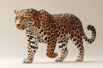 Lifelike depiction of a leopard walking gracefully on a neutral background in a detailed artwork
